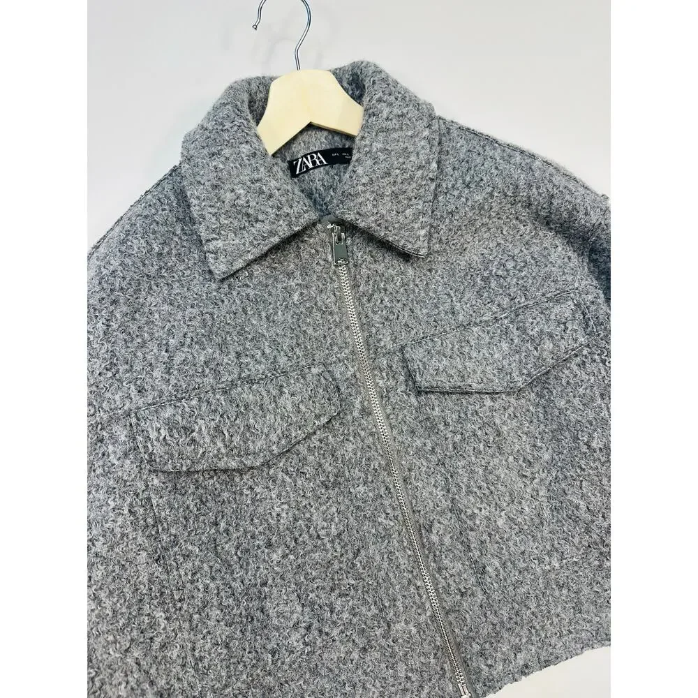 Zara Boucle Cropped Zip Front Jacket in Charcoal Gray Textured Fabric